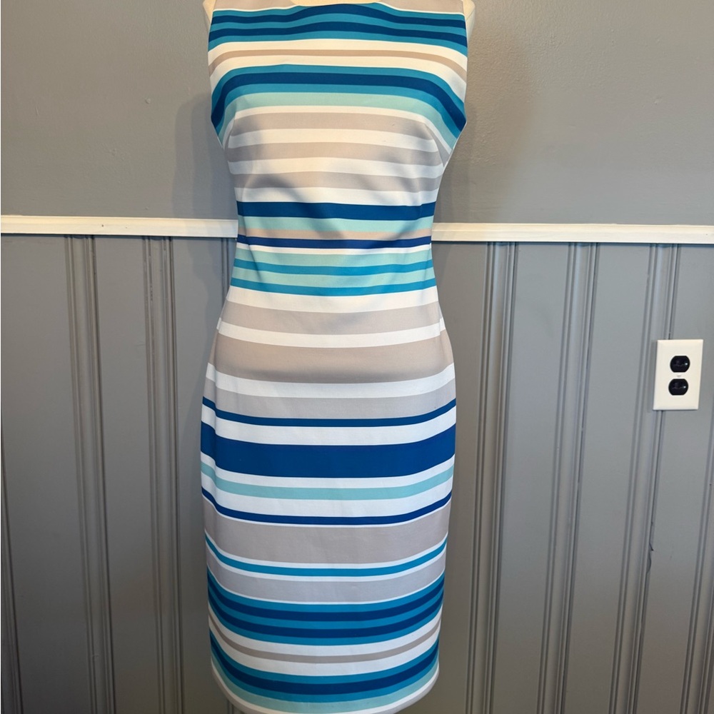 Calvin Klein Collection White and Blue Sheath Dress Mock Neck Sleeveless